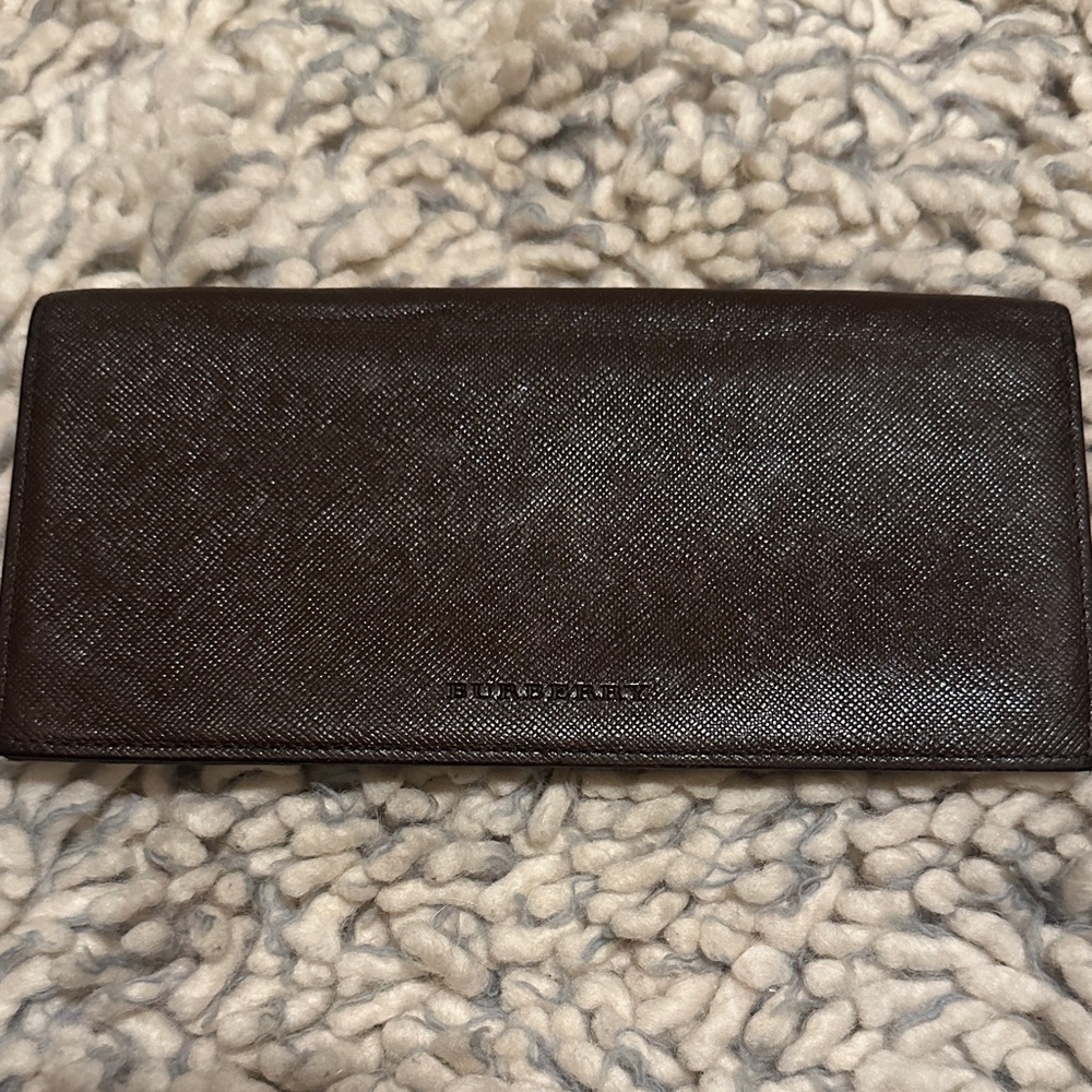 BURBERRY Dark chocolate soft Brown Leather Card Flap Wallet silver Authentic